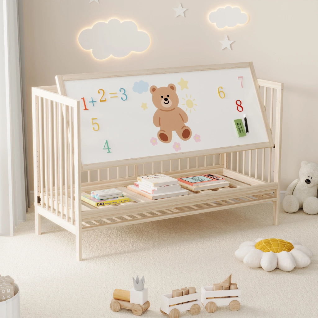 Letto bambino 140×60 cm convertibile in lettino laterale; tavolo e scrivania; senza materasso; legno massello; naturale