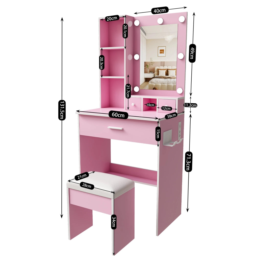 Set Trousse da Trucco ¨C Minimal ¨C Rosa, con Cassetti, Scaffale, LED Regolabile, Hocker Imbottito, 60x38x131.5 cm