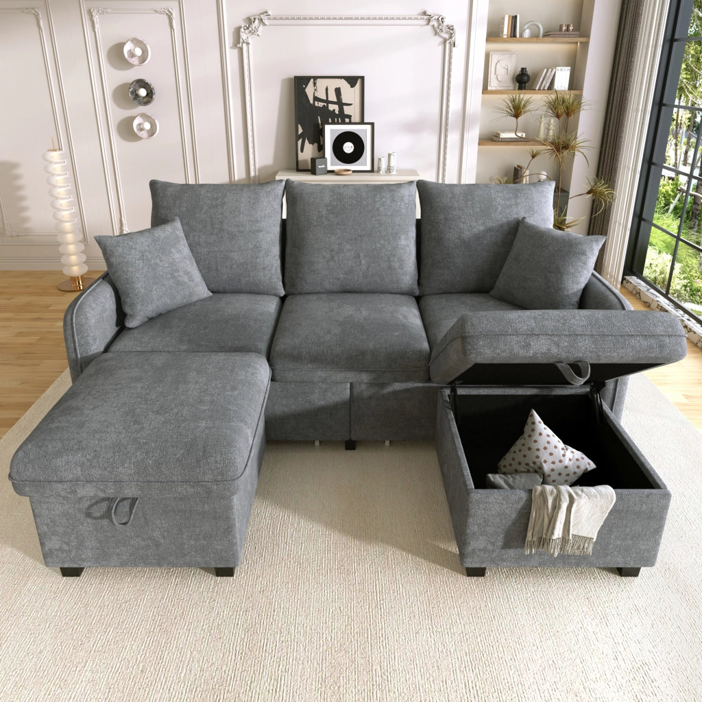 Divano angolare convertibile 3 Posti modulare con contenitore, 2 Pouf, 2 Cuscini, in Ciniglia Grigio Scuro