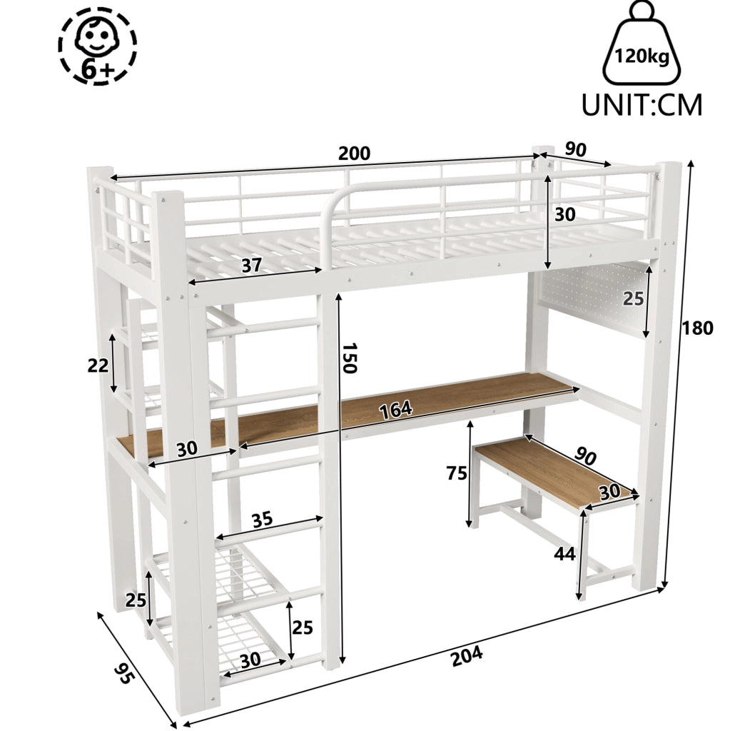 Letto a soppalco 90x200 cm in metallo bianco con scrivania, LED e ripiani
