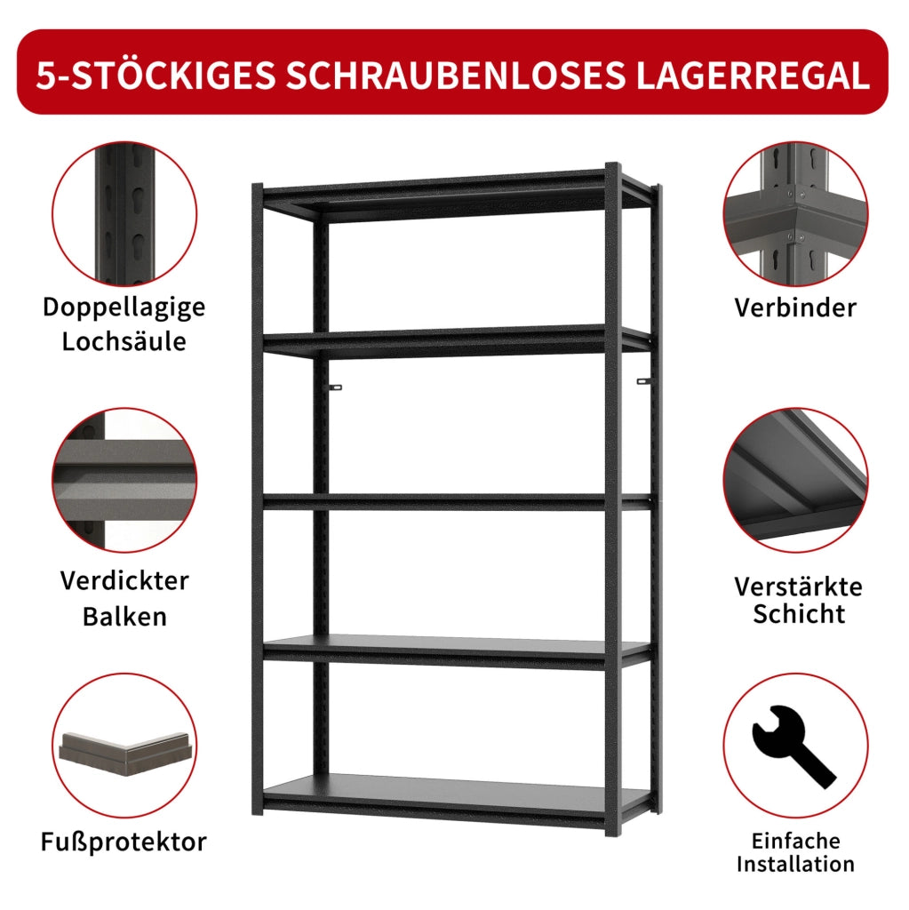 Scaffale metallico portante 5 ripiani 198x120x45,7 cm nero