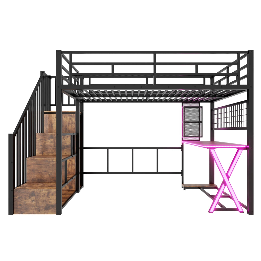 Letto a Soppalco 140x200 cm con Scrivania; Armadio; LED; Scala e Sponde; Nero