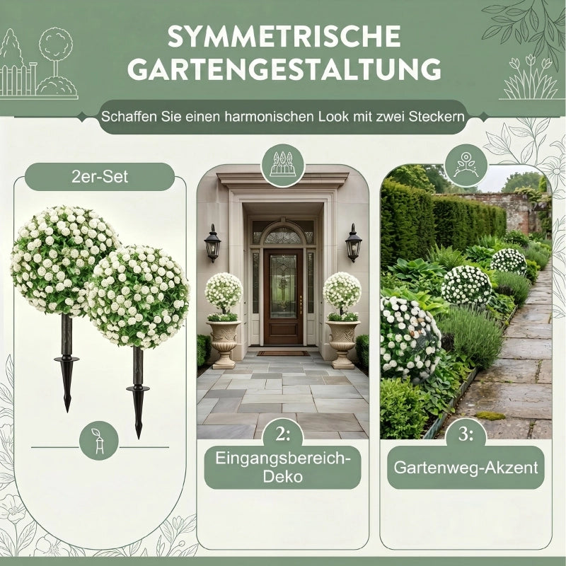 Albero artificiale di rose 2 pezzi con sfera da 30 cm e picchetto da terra in PE bianco resistente ai raggi UV