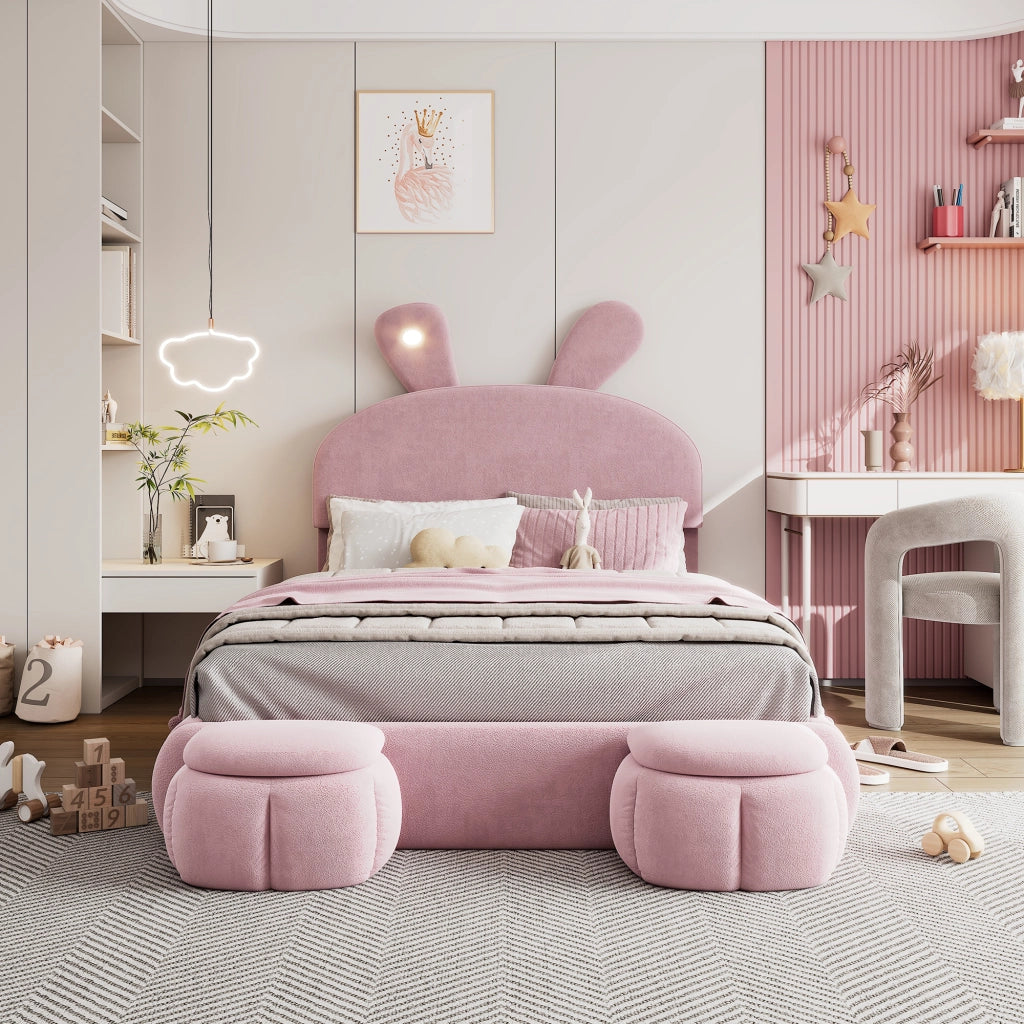 Letto Matrimoniale 140x200 in Velluto Rosa con Contenitore Idraulico e Orecchie da Coniglio