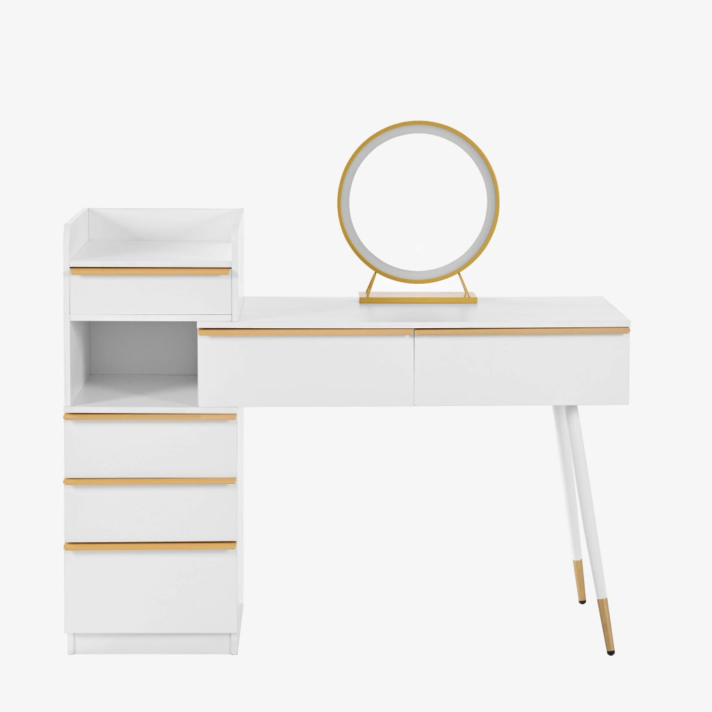 Tavolo da toeletta con 6 cassetti, piano estraibile e specchio LED dimmerabile, bianco, 100 × 41,5 × 102 cm