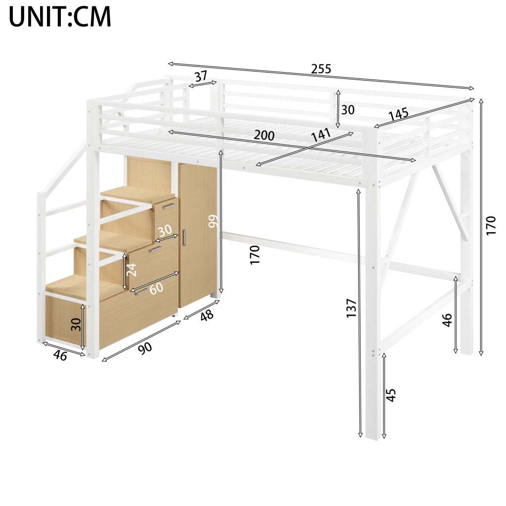 Letto a soppalco 140x200 cm con armadio, vani e LED in metallo bianco