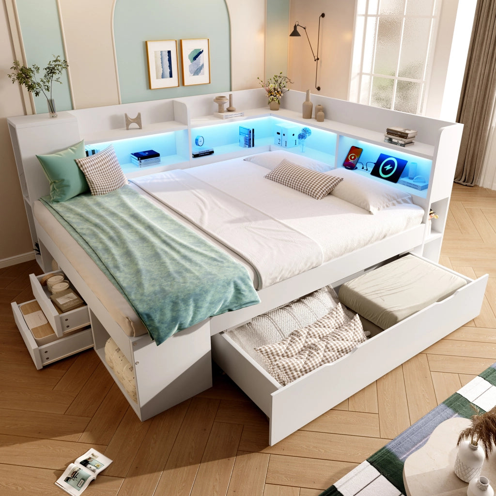 Letto matrimoniale a piattaforma 140 × 200 cm in legno bianco con LED USB Tipo C cassetti e ripiani