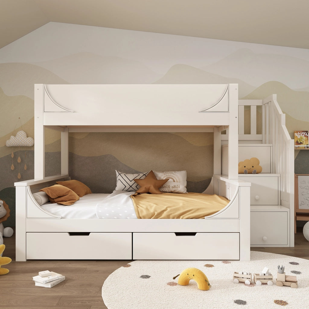 Letto a castello per bambini con armadio scala cassetti legno MDF e metallo bianco