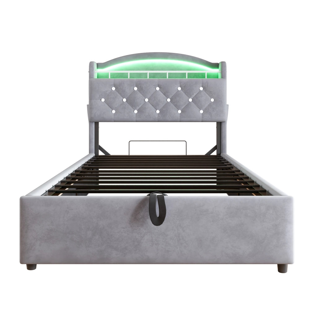 Letto imbottito per bambini 90x200; contenitore con LED e prese USB; velluto grigio