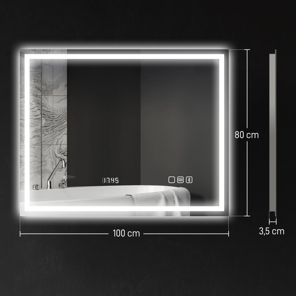 Specchio Bagno LED 80 x 100 cm con Bluetooth Antiappannamento Interruttore Touch Luce Regolabile 3 Colori Argento