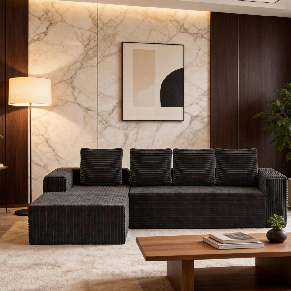Divano modulare a L con chaise longue configurabile in velluto a coste grigio seduta profonda senza montaggio
