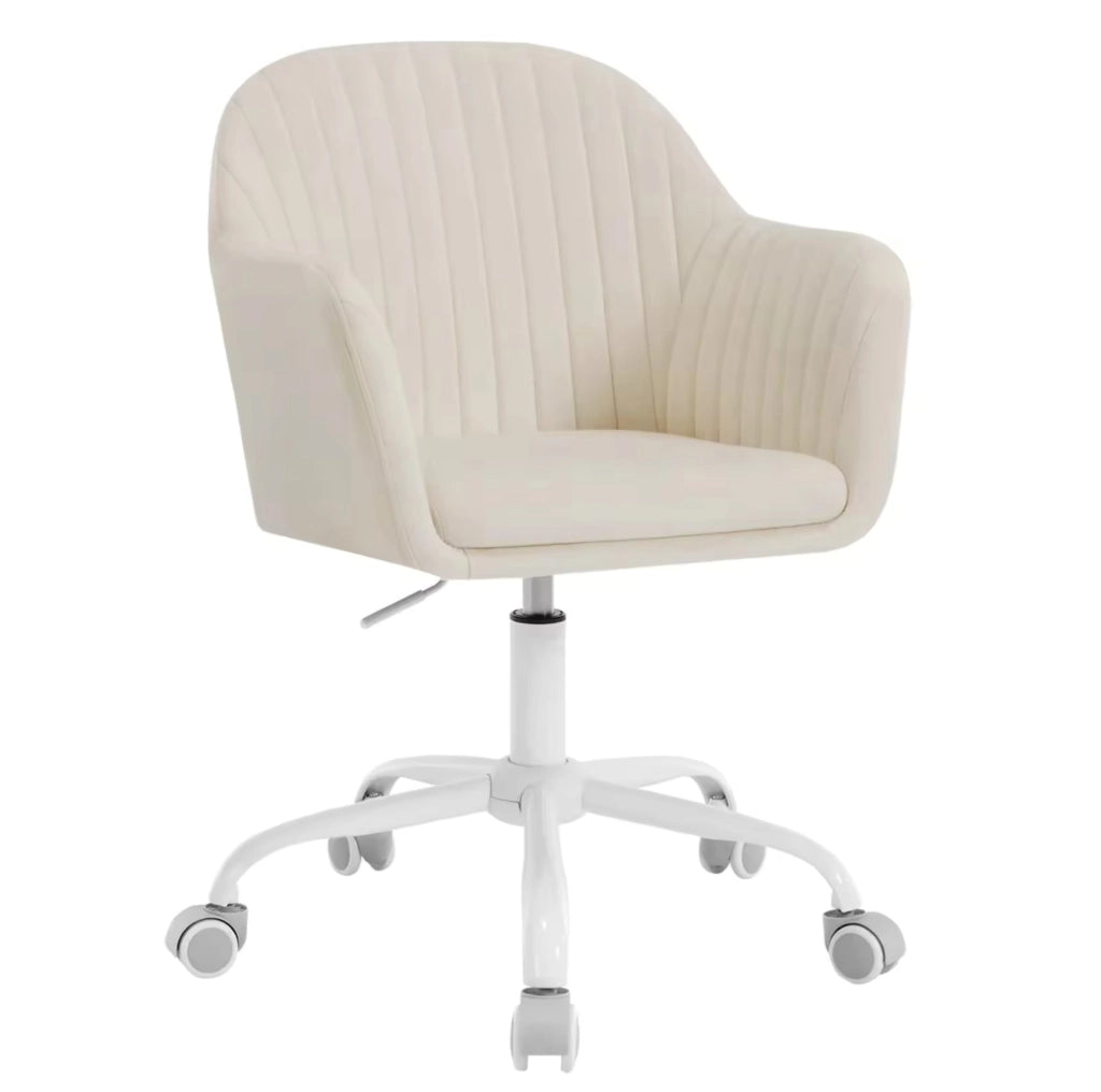 Sedia da ufficio ergonomica in velluto crema con ruote e altezza regolabile