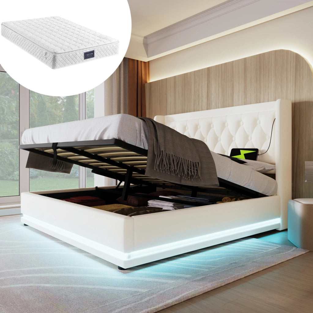 Letto matrimoniale 160x200 cm con contenitore; LED e USB-C; in PU bianco