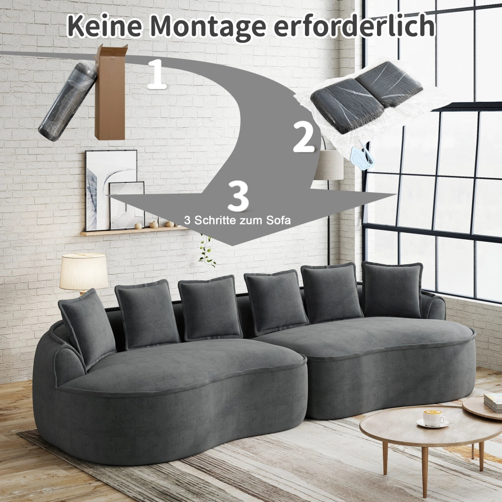 Divano con chaise longue senza telaio in tessuto di ciniglia grigio con seduta profonda e cuscini inclusi