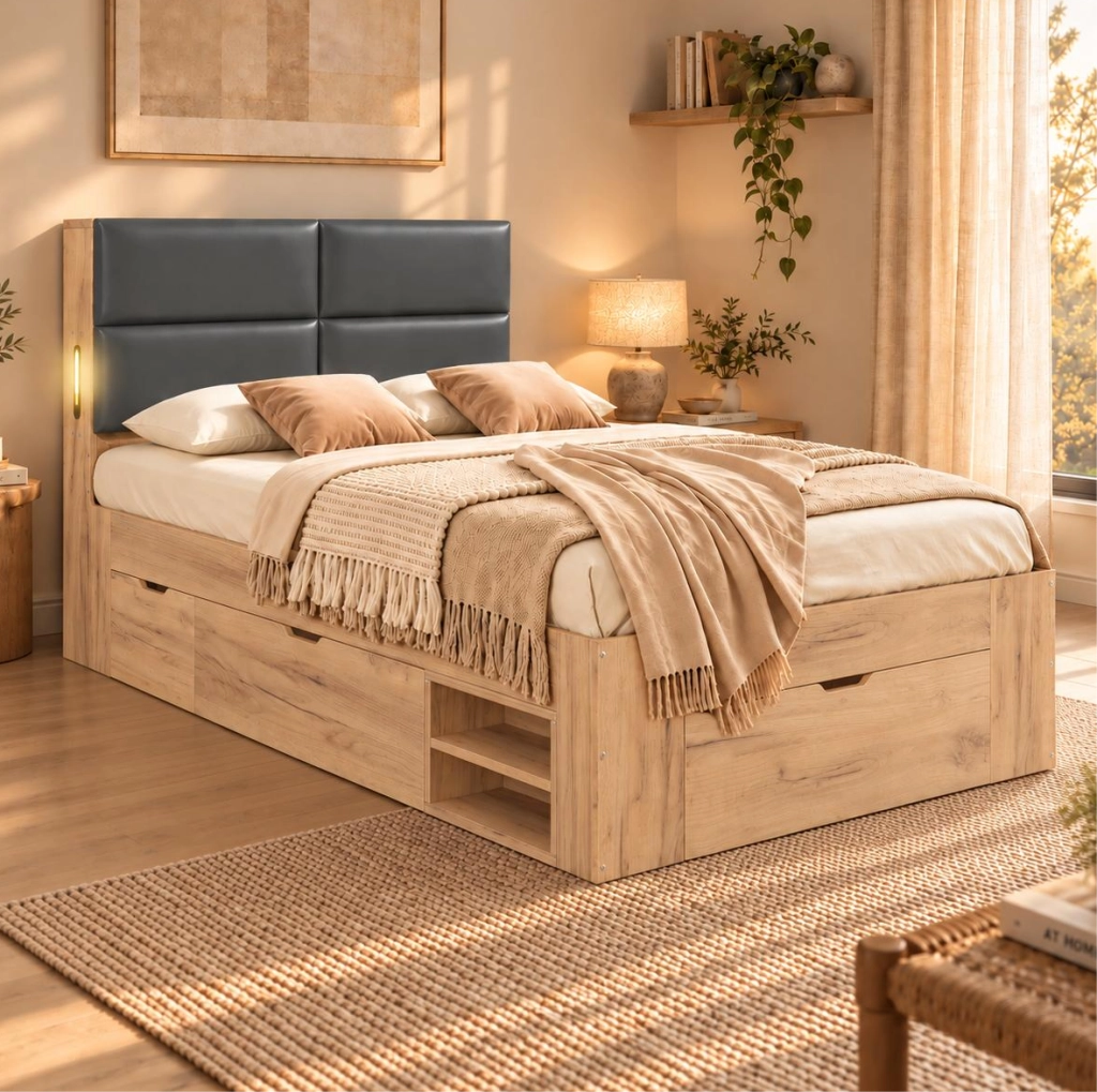 Letto 90x200 cm con cassetti, USB e USB-C in MDF, testiera in PU naturale