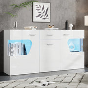 Madia per soggiorno con 3 ante cassetto vetro di sicurezza e LED MDF bianco lucido 140 × 33 × 70 cm