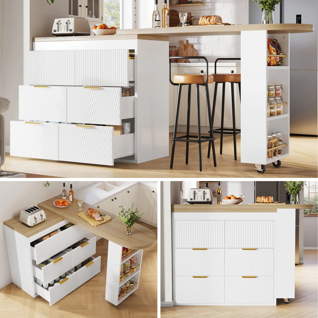 Tavolo alto girevole con 6 cassetti e ripiano laterale in MDF bianco per cucina soggiorno e ufficio domestico