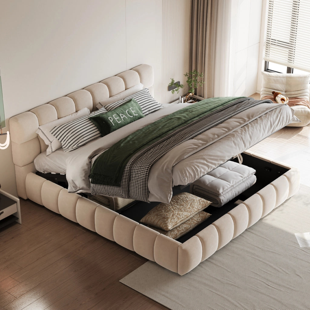 Letto matrimoniale imbottito 140x190 cm in velluto beige con contenitore idraulico