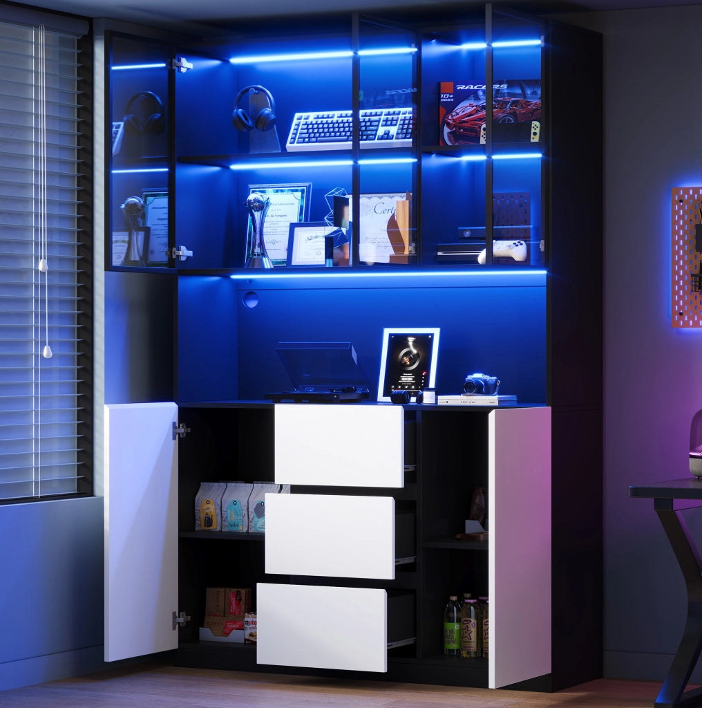 Vetrina con LED multicolore 120x40x200 cm con 3 cassetti e 2 ante in MDF nera