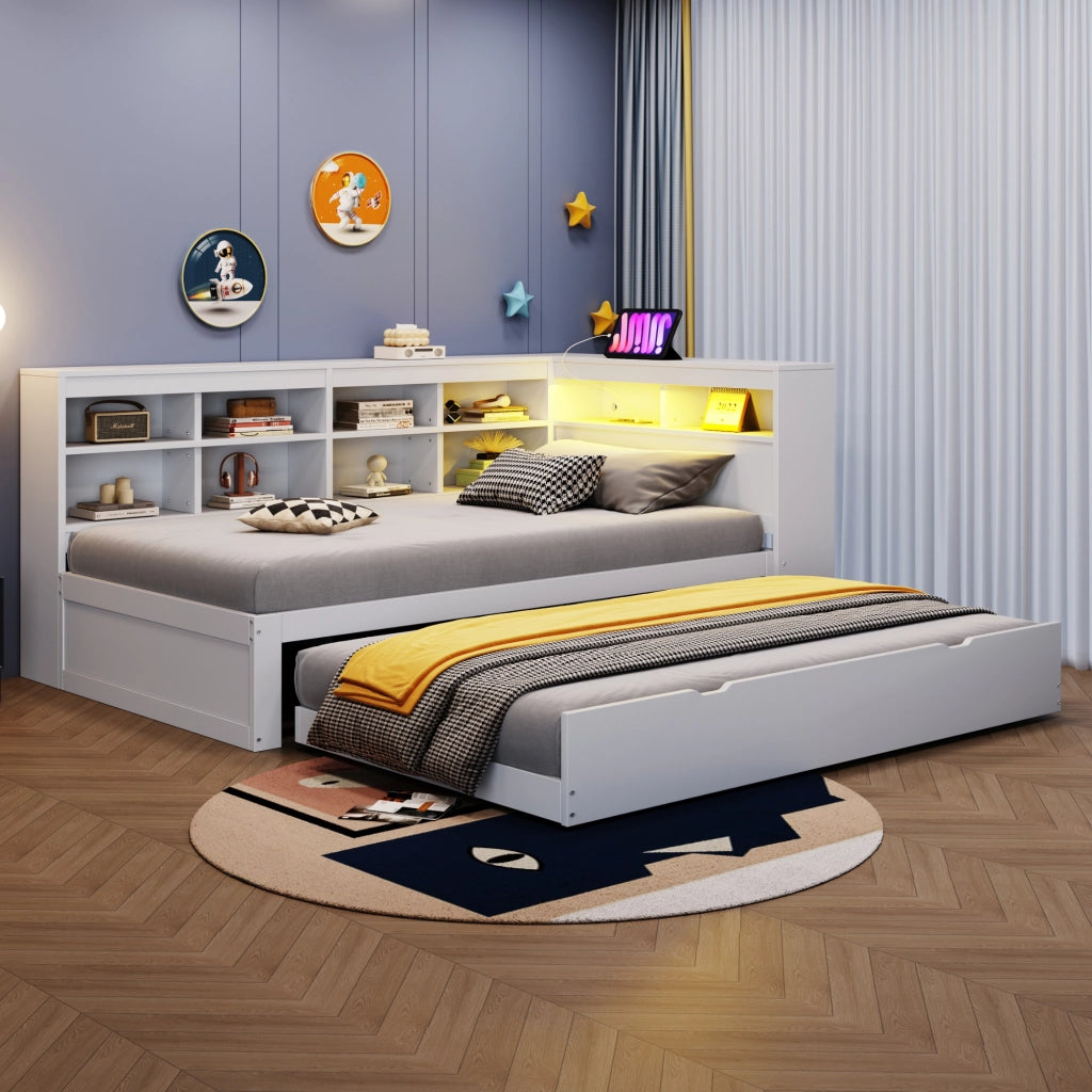 Letto singolo 90×200 cm con letto estraibile; USB; LED e ripiani; senza materasso; legno; bianco