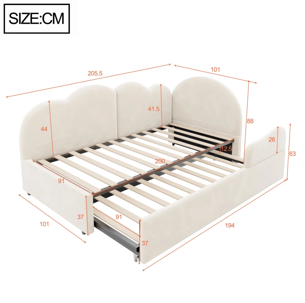 Letto imbottito a L con letto estraibile in velluto beige