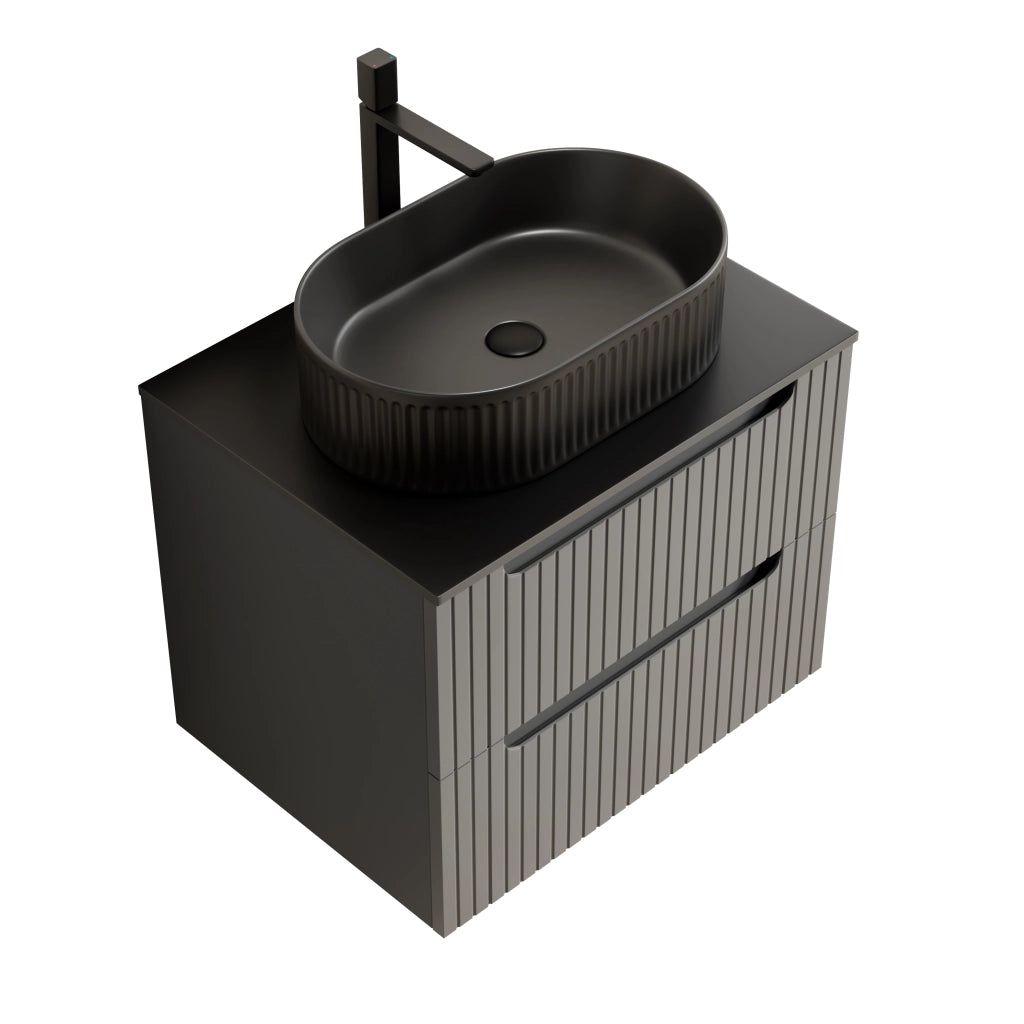 Mobile lavabo sospeso 60 cm, nero con lavandino ovale e piano in pietra sinterizzata, mobile in compensato striato con 2 cassetti, grigio scuro, preassemblato