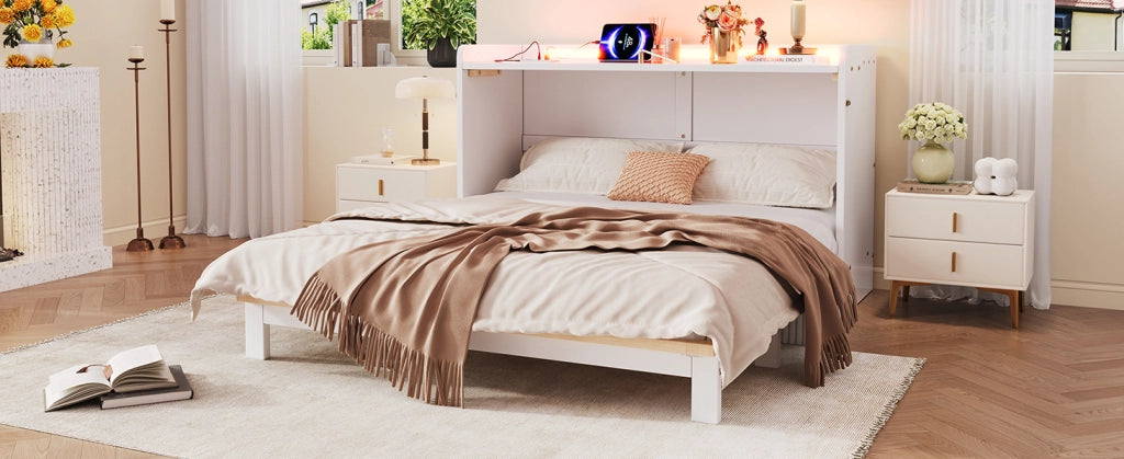 Letto a scomparsa bianco 140x200 cm con cassetti, LED, USB e presa, piano in laccato lucido, trasformabile