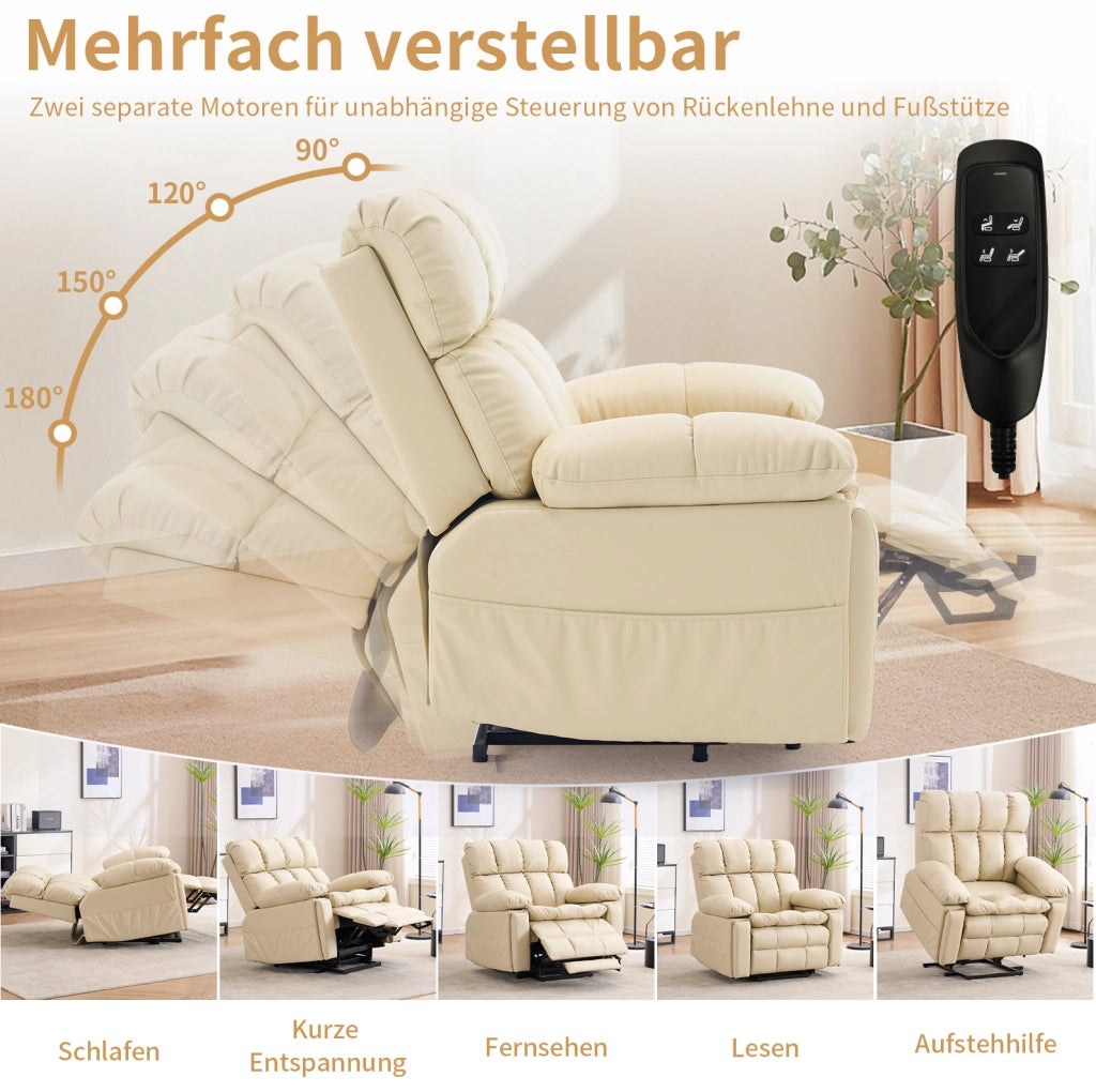 Poltrona relax elettrica con motore doppio, funzione alzapersona, massaggi e riscaldamento, rivestimento in tessuto crema