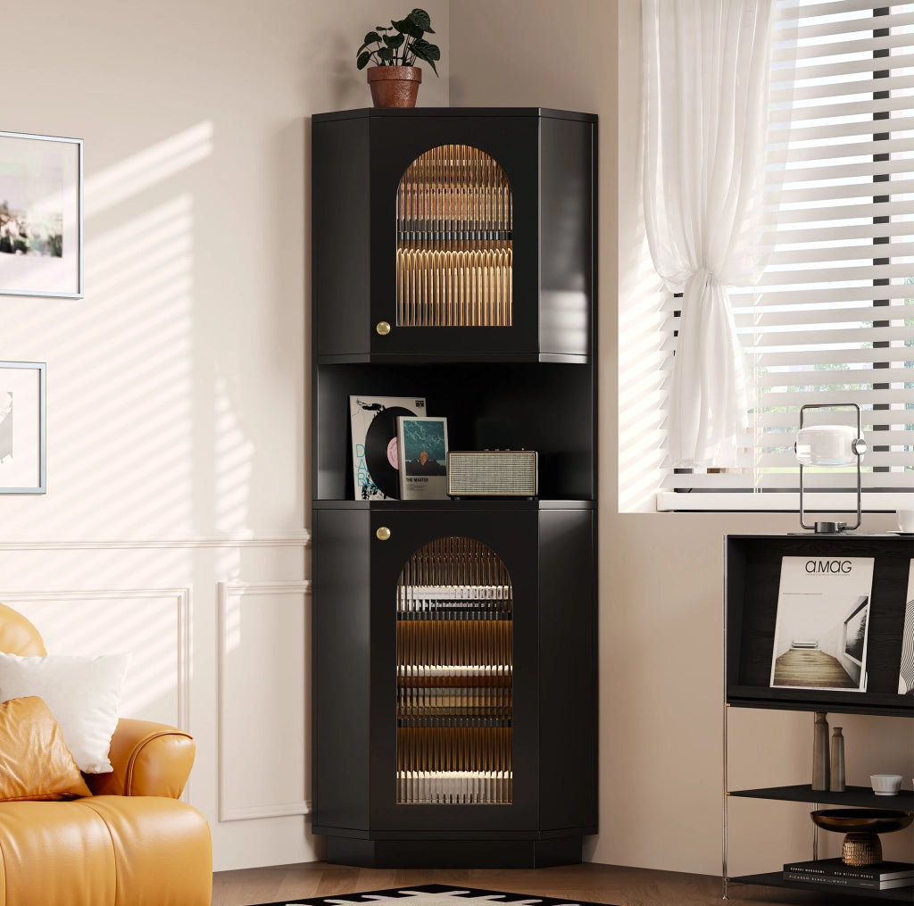Mobile da bagno angolare nero con luci LED, 45x45x166,5 cm, con ripiani regolabili e vano aperto