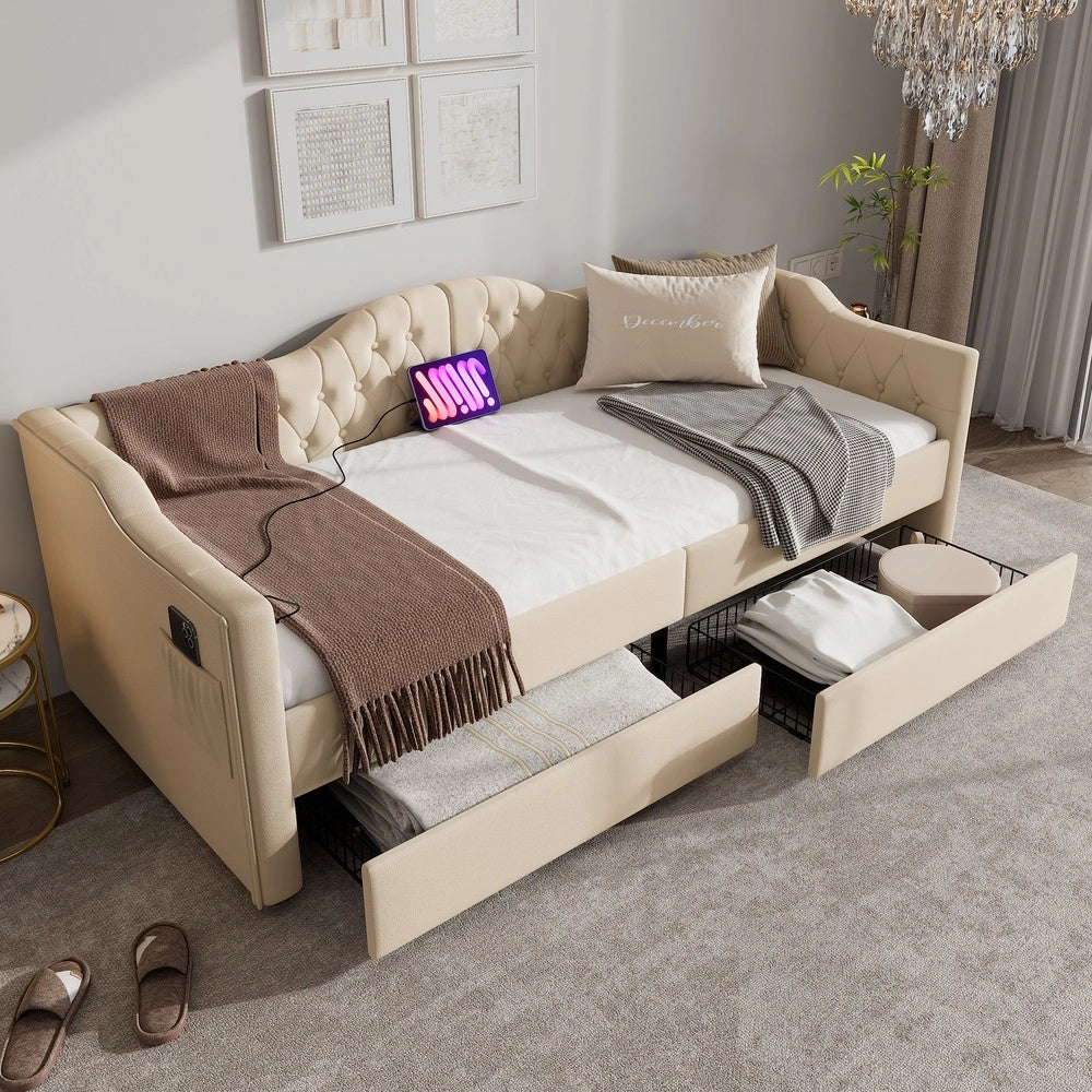 Letto Imbottito Contenitore con USB e 2 Cassetti ¨C MINIMAL ¨C Velluto Beige 90x200
