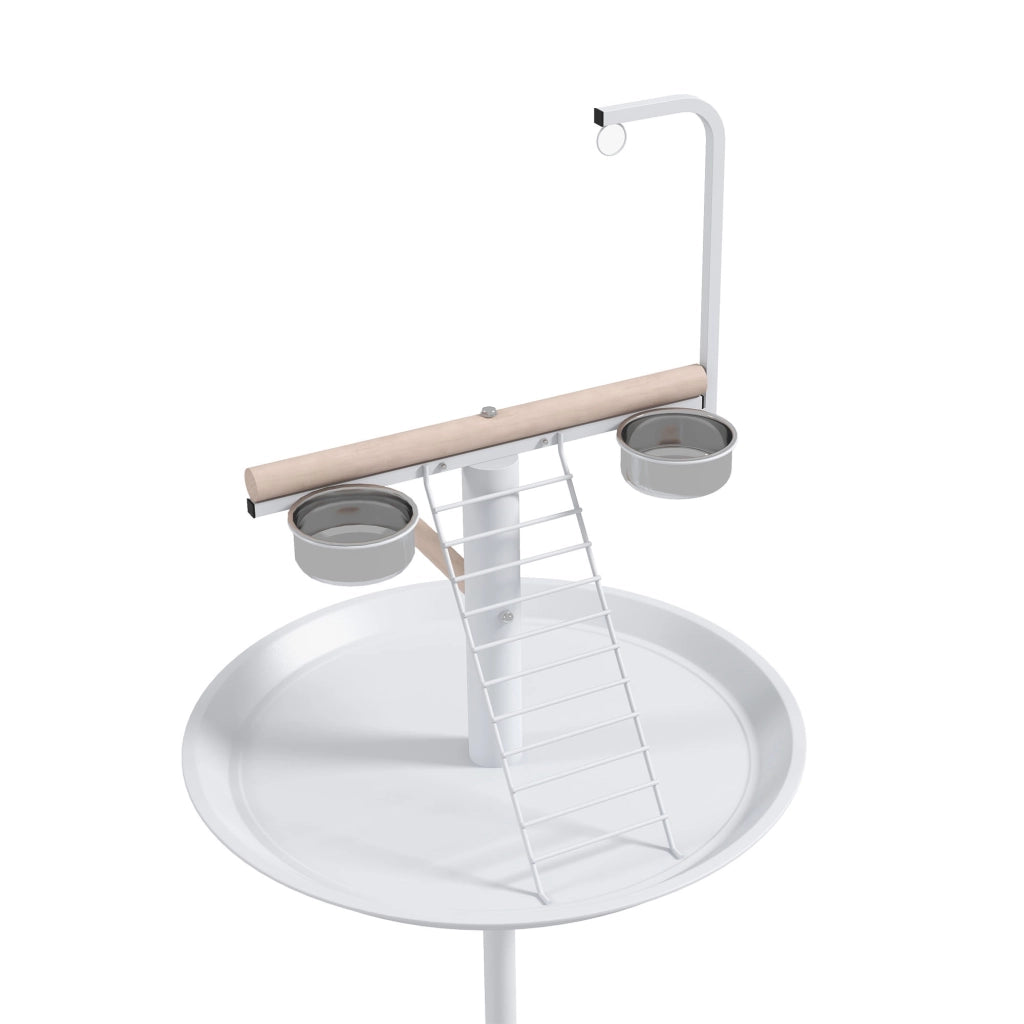 Trespolo per pappagalli con ruote scaletta altalena e ciotole in legno e acciaio bianco e naturale pratico 60 x 60 x 138 cm