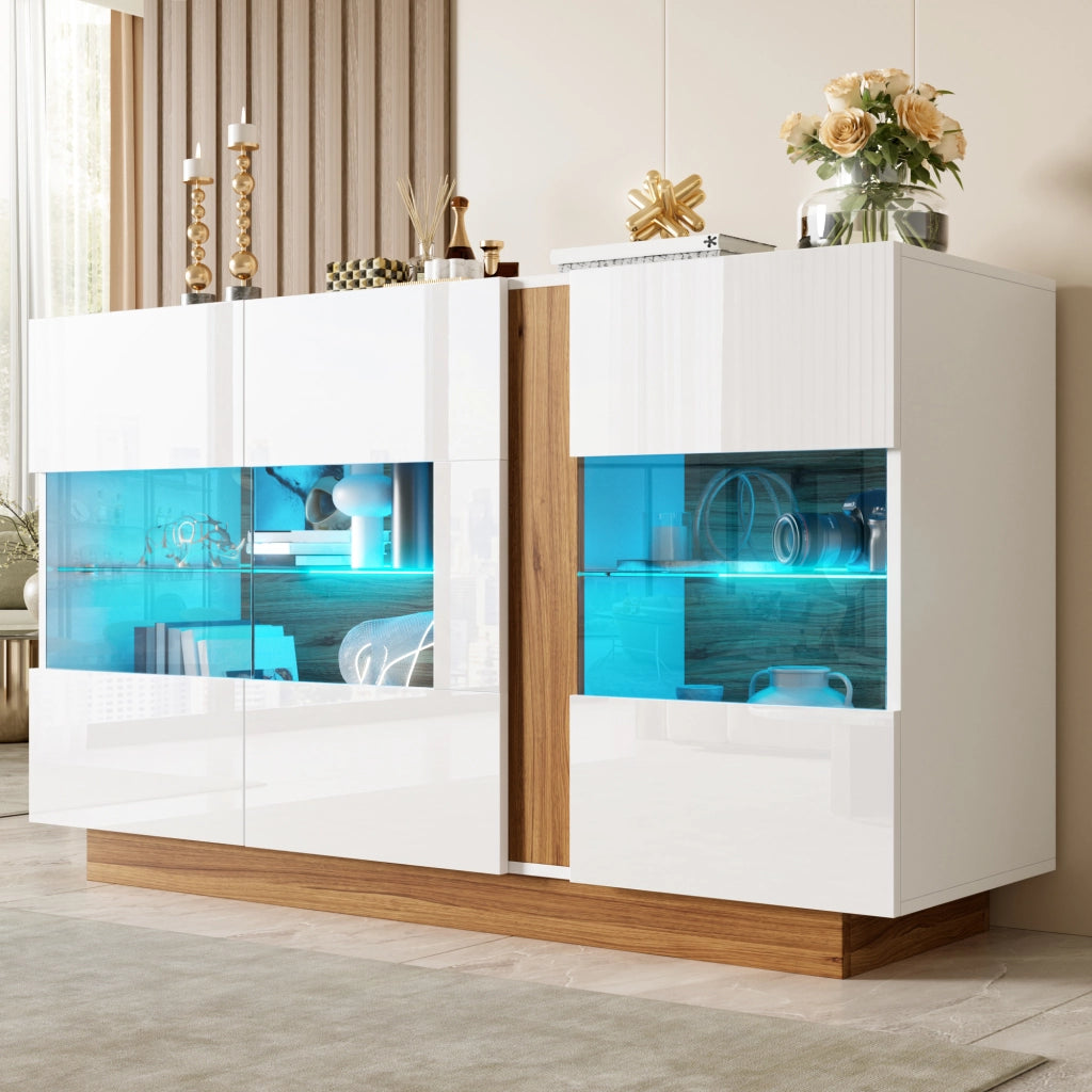 Credenza moderna con 3 ante in acrilico e LED regolabile; 120 x 38 x 80 cm; truciolare bianco e naturale