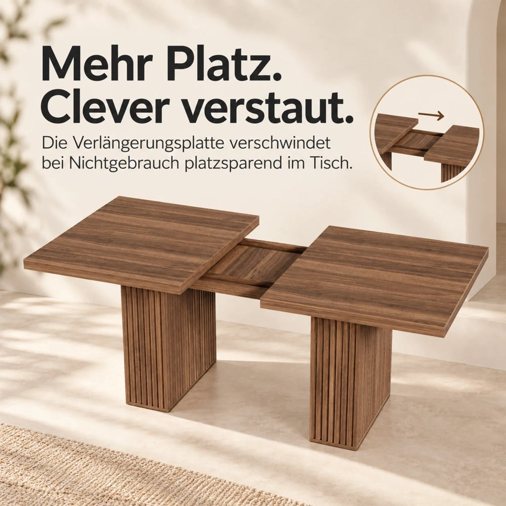 Tavolo da pranzo allungabile 150/190x90 cm, stile scandinavo colore noce, piano spesso con vano portaoggetti, per 6-8 persone