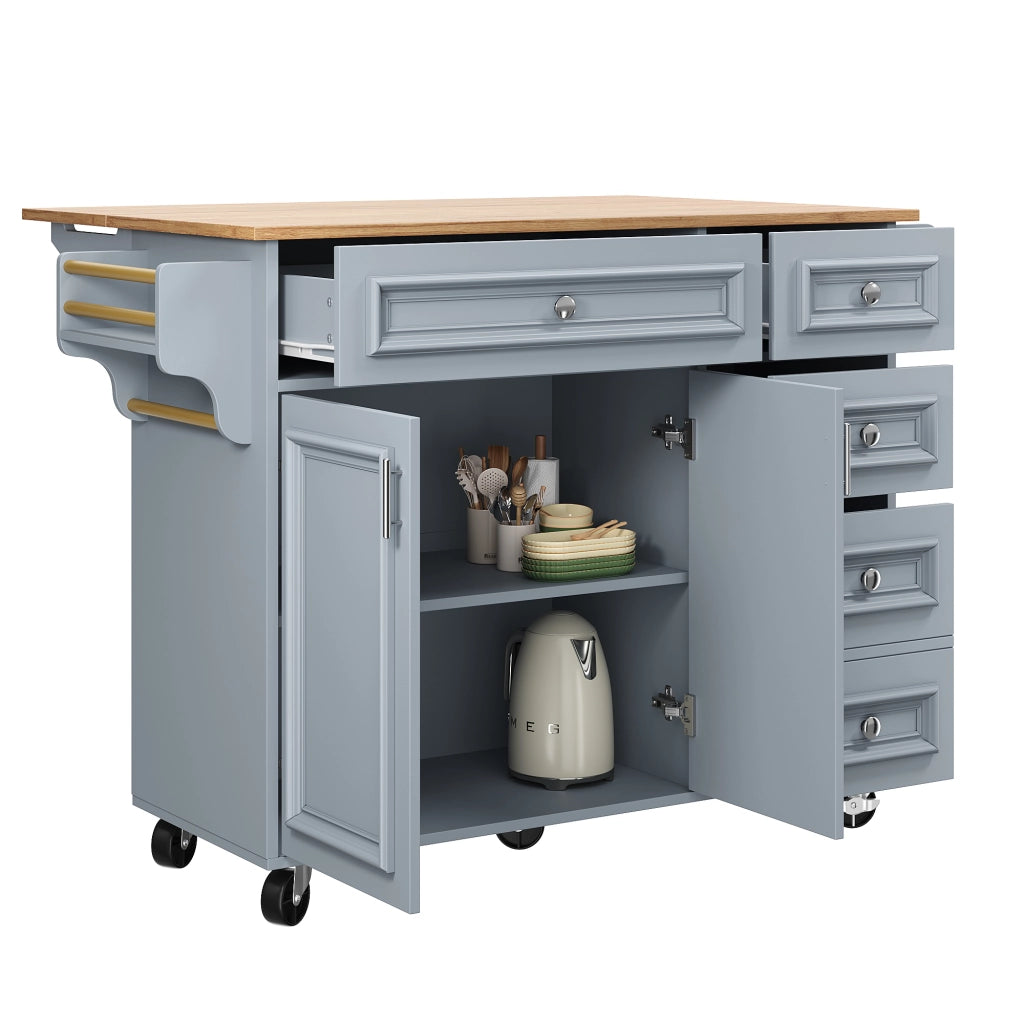 Isola da cucina multifunzionale con piano pieghevole, 110 x 75 x 92 cm, Baby Blue, MDF e metallo