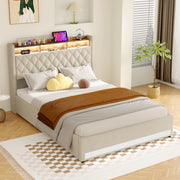Letto contenitore imbottito 160x200 cm con luce LED; presa elettrica e porta USB; velluto; beige; senza materasso
