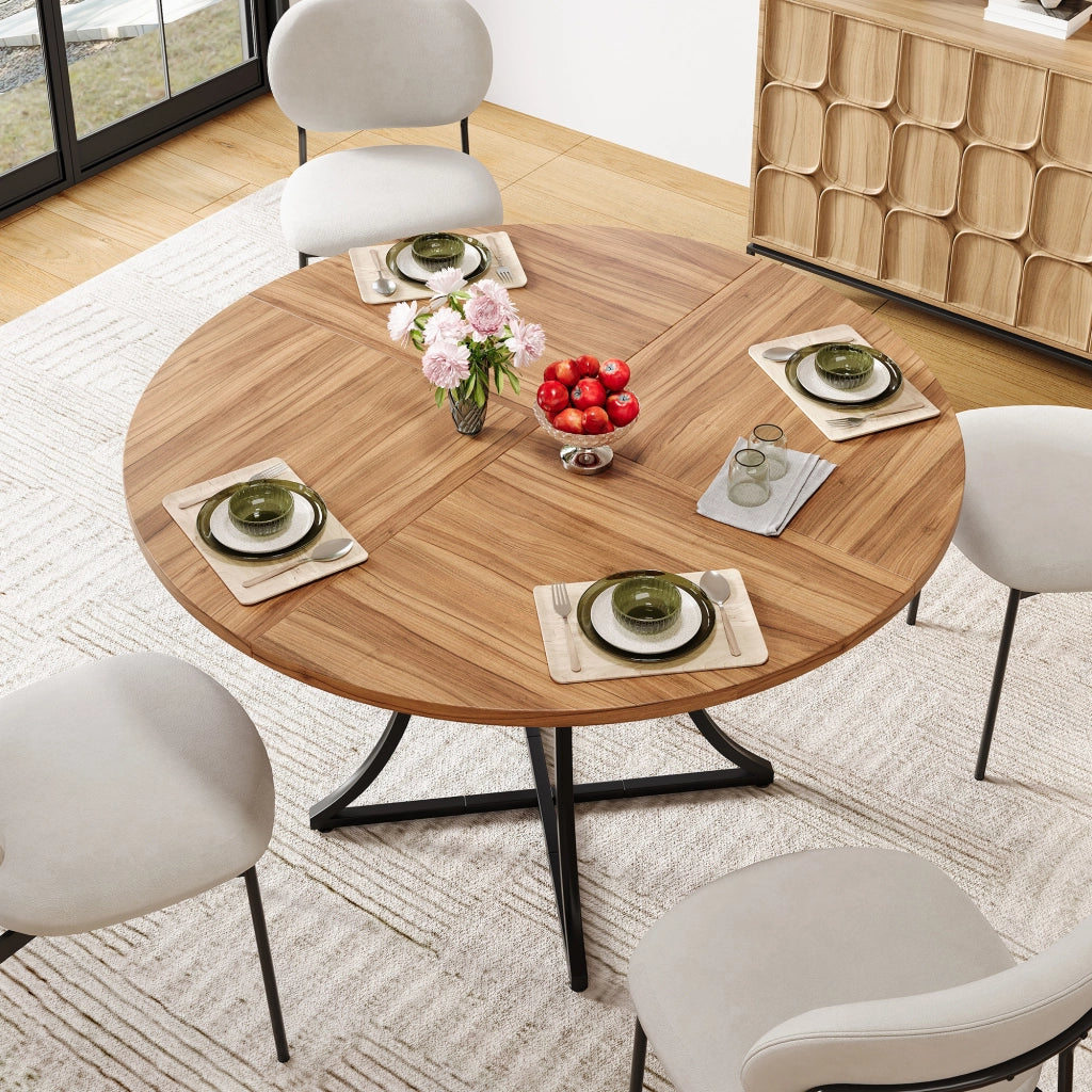 Tavolo da pranzo rotondo 4–6 persone con ripiano MDF effetto noce e struttura metallo nero 100 × 100 × 75 cm