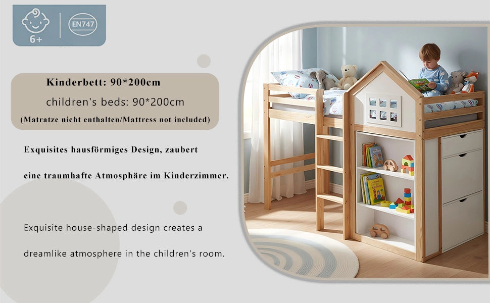Letto a soppalco per bambini 90x200 cm a casetta; pino e MDF; bianco e legno naturale; cassetti e protezioni