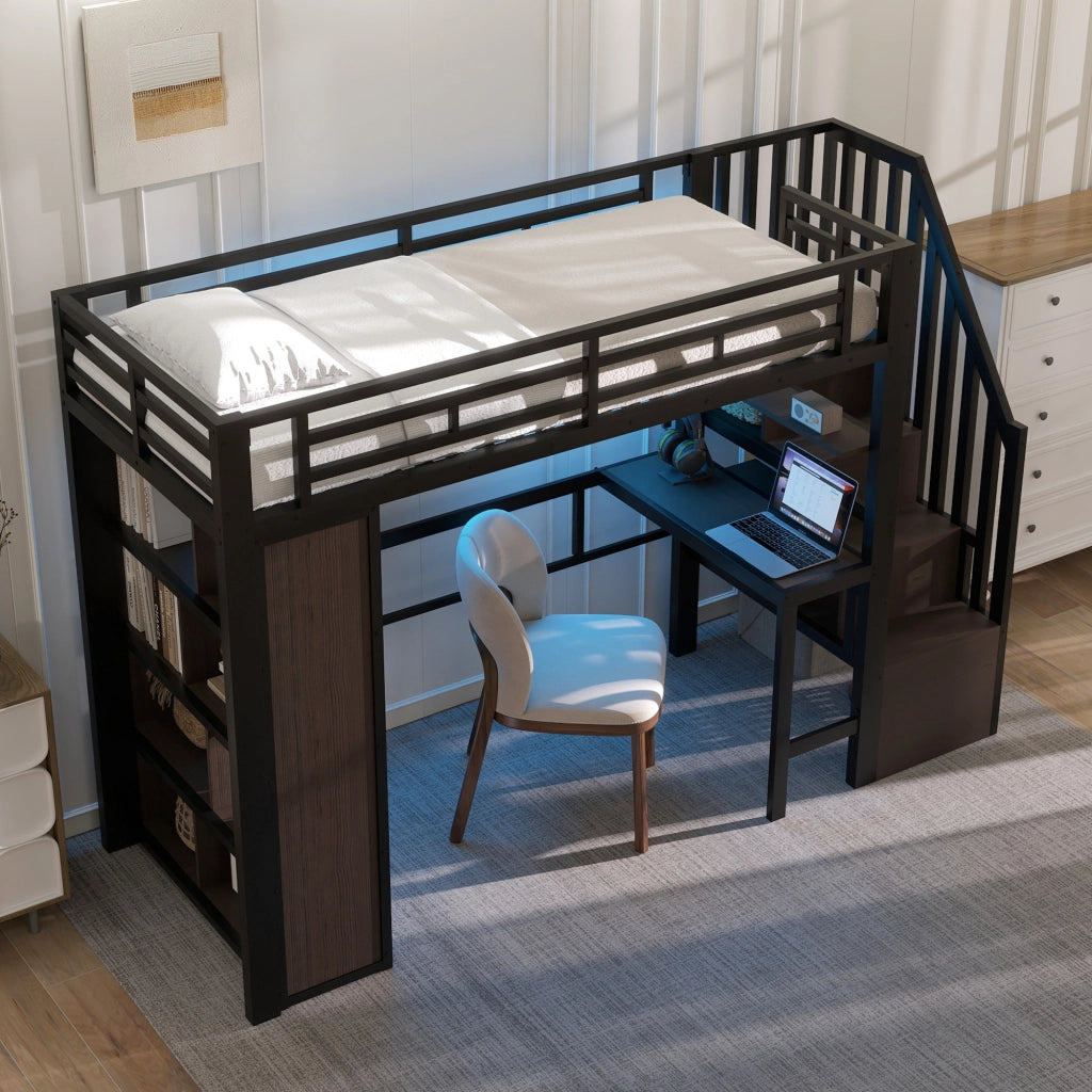 Letto a soppalco 90 × 200 cm con scrivania; ripiani; scala contenitore e LED via app in metallo e MDF nero