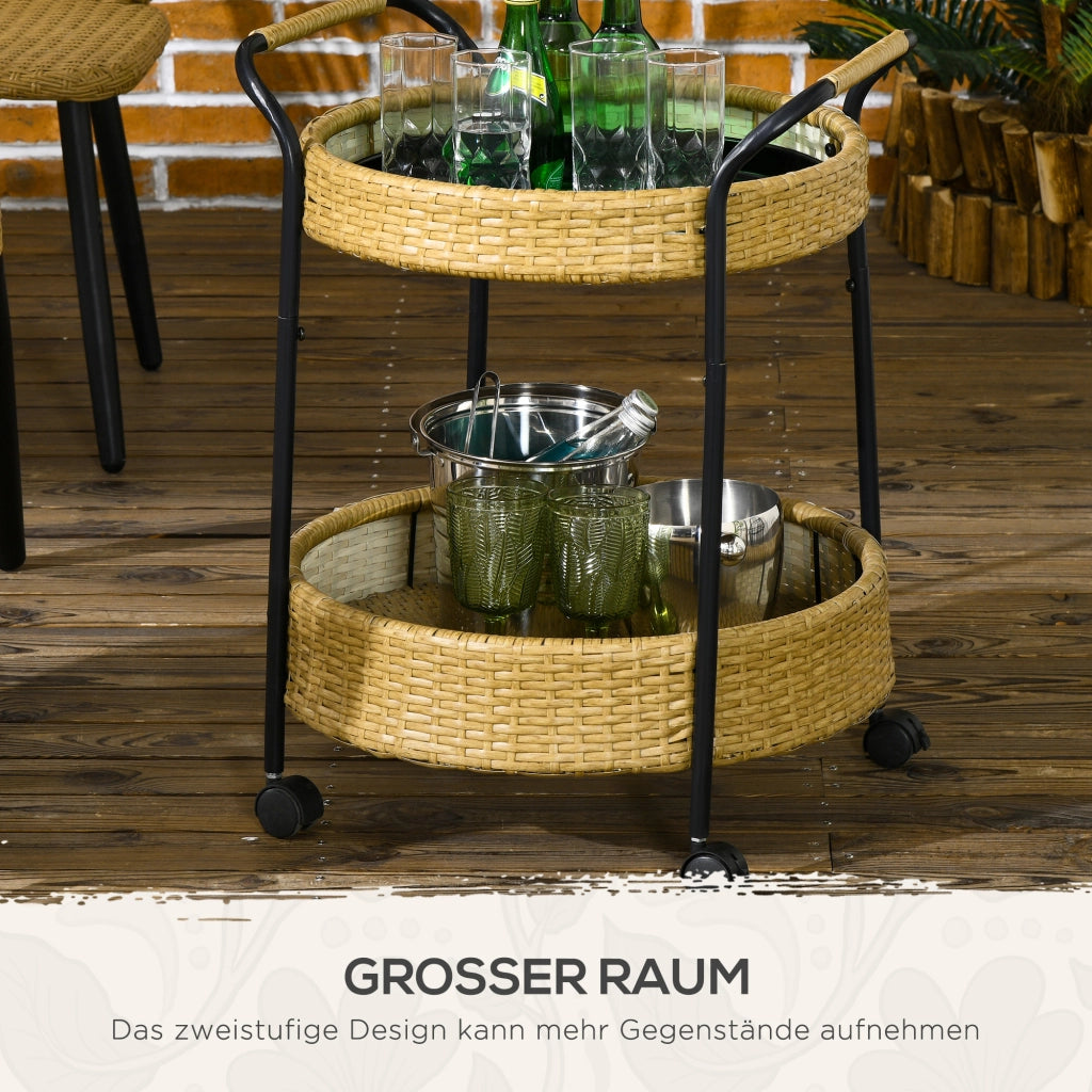 Carrello portavivande rotondo a 2 ripiani in polyrattan giallo con 4 ruote e 2 freni per terrazza Ø 50 × 66 cm