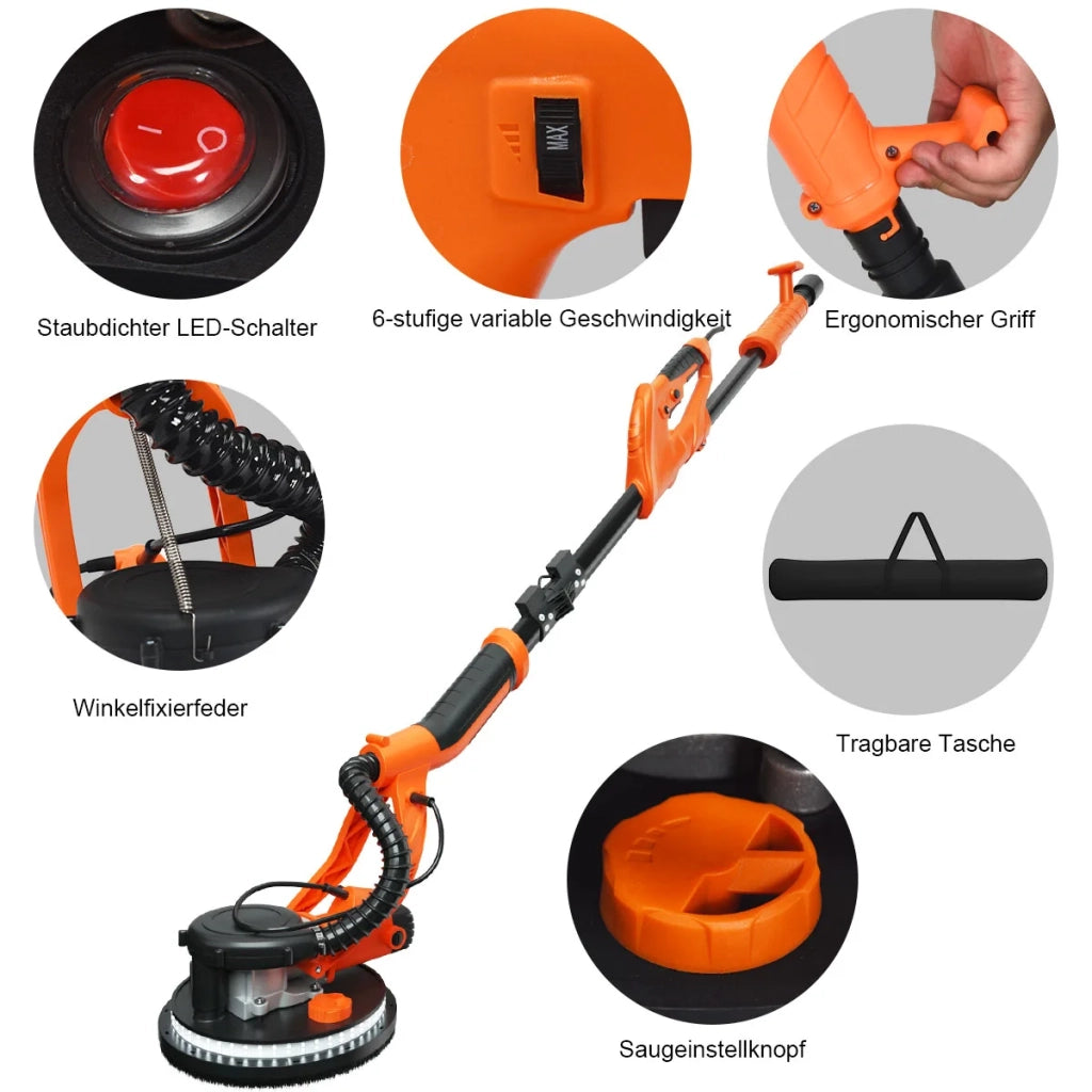 Per fai da te, levigatrice elettrica per cartongesso 750 W con aspiratore, LED, manico telescopico e 12 dischi abrasivi