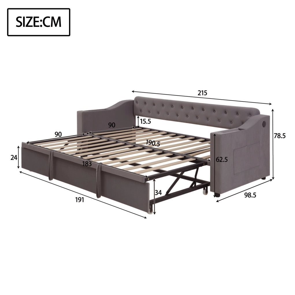 Divano letto imbottito grigio 90 x 190 cm con ricarica e vani