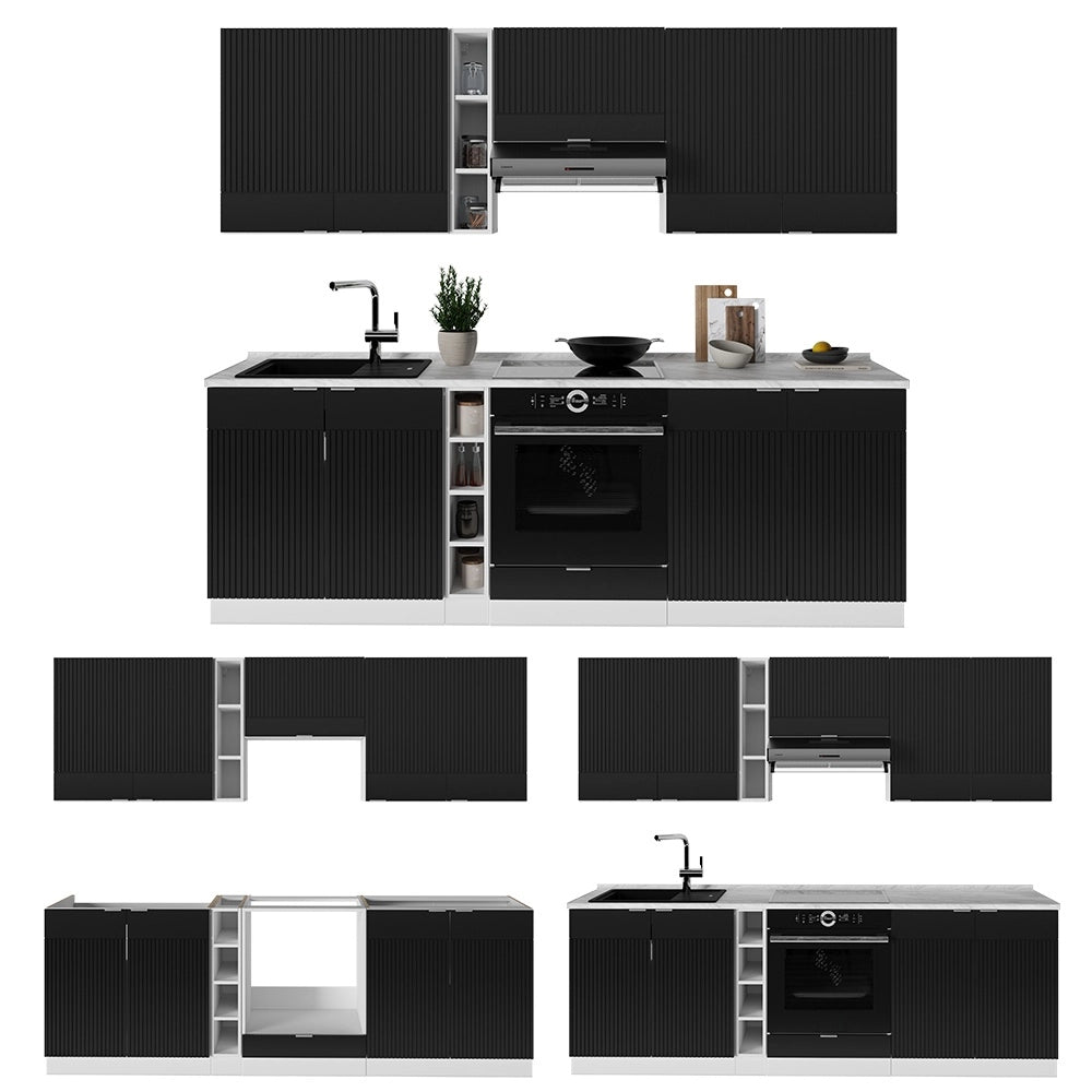 Cucina componibile Fame-Line Nero rigato/Bianco 235 cm, PL Rovere Vicco