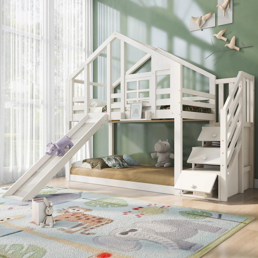 Letto a castello per bambini 90 × 200 cm con scivolo scale contenitore in legno e MDF bianco con rete a doghe