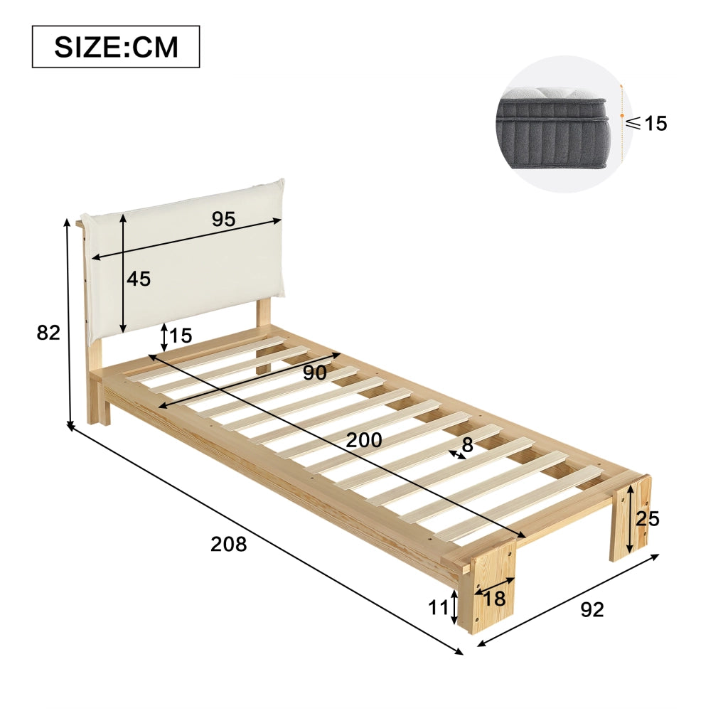 Letto singolo imbottito 90 ¡Á 200 cm con testiera in legno naturale rete a doghe e gambe larghe