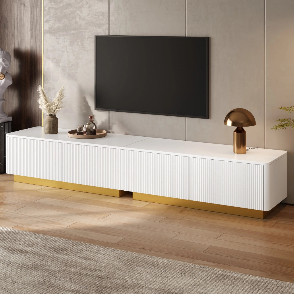 Mobile porta TV bianco largo 200 cm, frontale scanalato verticale, MDF e pannello truciolare