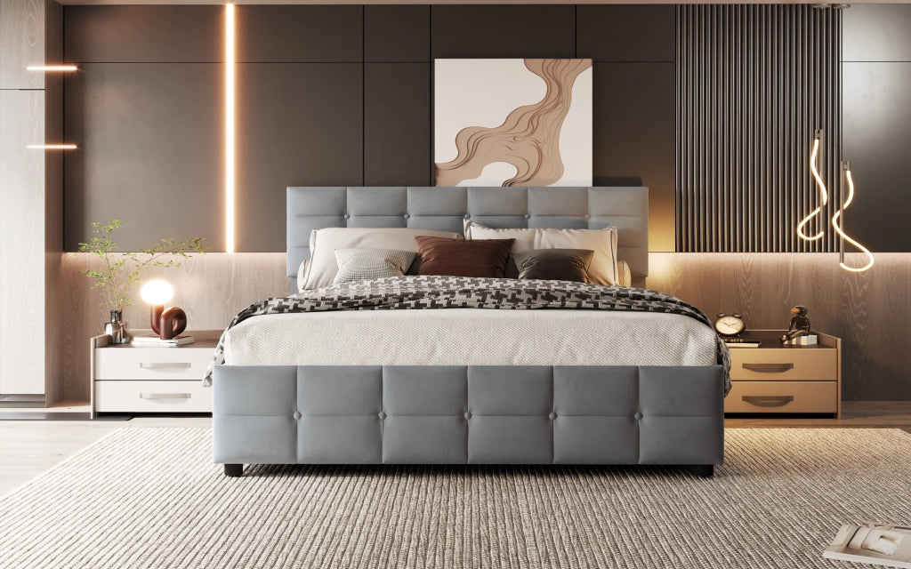 Letto imbottito 180x200 cm con rete a doghe e sollevamento idraulico, rivestimento in velluto olandese grigio