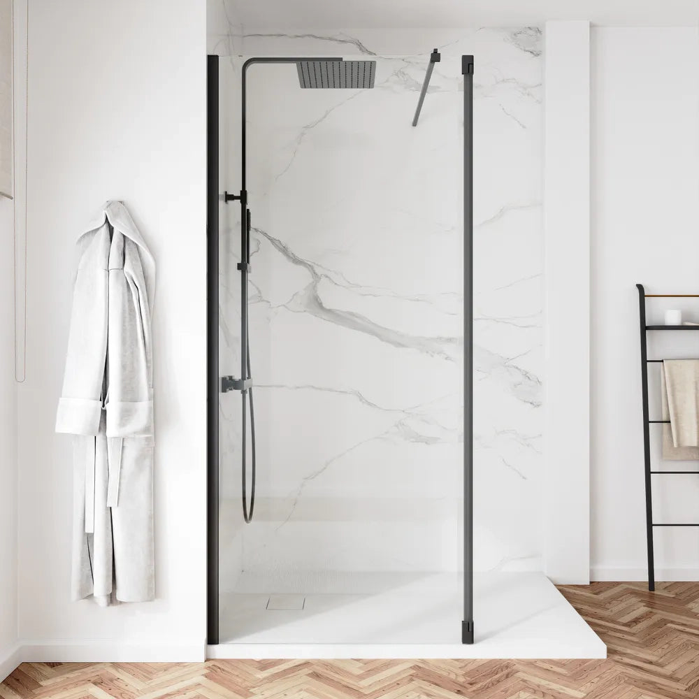 Doccia walk-in 70cm + anta 40cm vetro 8mm trasparente profili neri | Keros