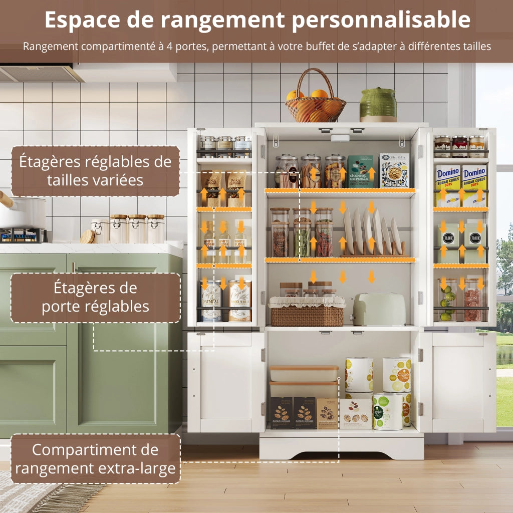Credenza da cucina alta con 4 ante, ripiani regolabili e luce LED con sensore, in MDF bianco, 120 × 60 × 40 cm