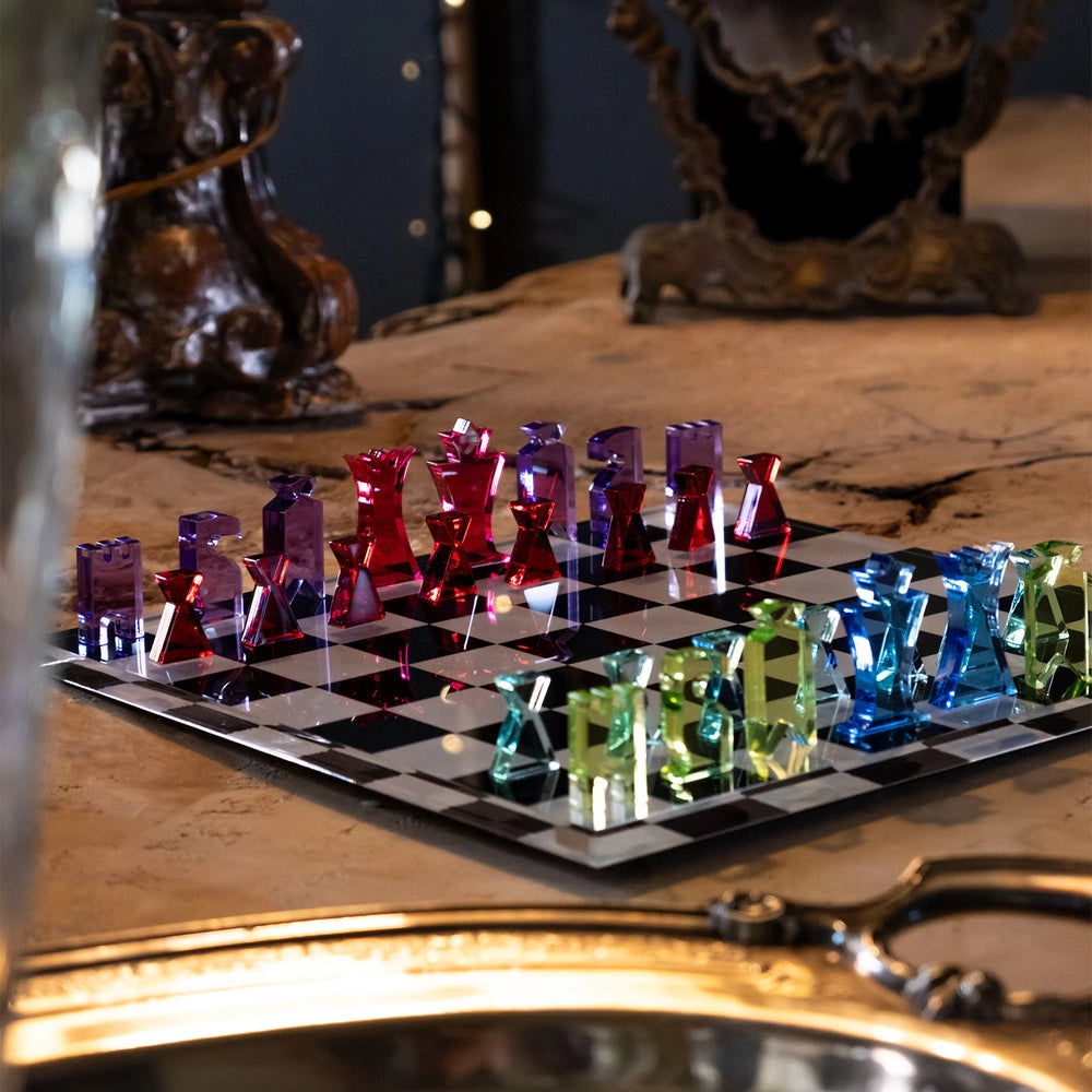 GIOCO DA TAVOLA SCACCHI E DAMA IN CRISTALLO ACRILICO MULTICOLOR