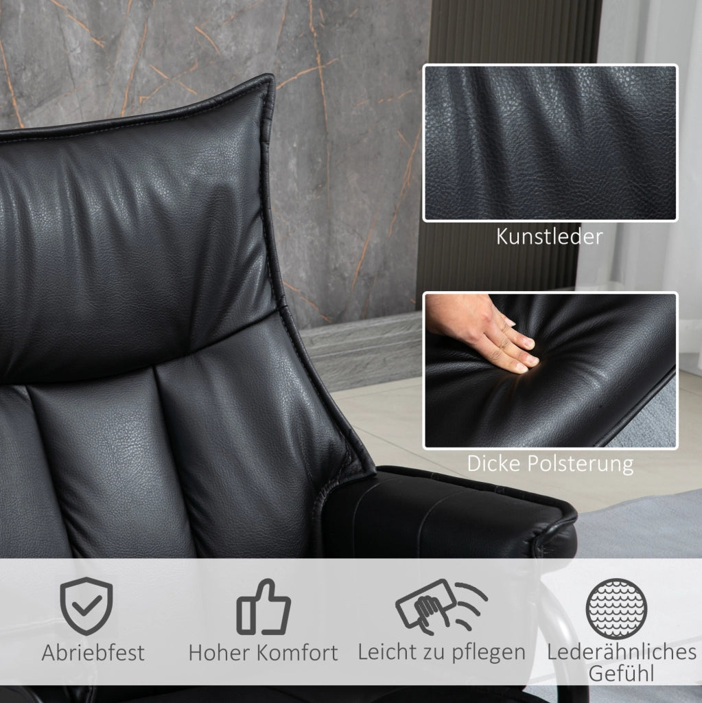 Poltrona relax girevole in pelle sintetica nera con poggiapiedi e schienale reclinabile fino a 135°